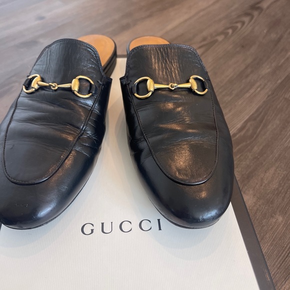 Authentic GUCCI PRINCETOWN LEATHER SLIPPER slides mules black gold 38.5 loafers - Picture 5 of 16